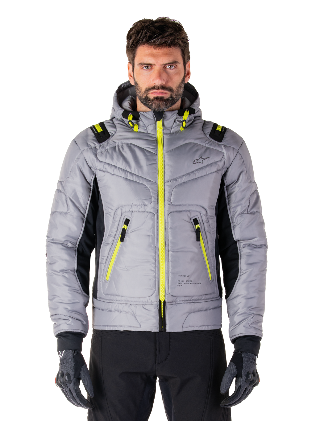 Alpinestars Mohobbs Waterproof Jacket, urban motorjas, Lunar Gray met Lime Punch accenten, gewatteerd bomberdesign met capuchon, felgele ritsen en zwarte zijpanelen, op streetwear geïnspireerde beschermende motorkleding