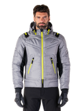 Alpinestars Mohobbs Waterproof Jacket, urban motorjas, Lunar Gray met Lime Punch accenten, gewatteerd bomberdesign met capuchon, felgele ritsen en zwarte zijpanelen, op streetwear geïnspireerde beschermende motorkleding