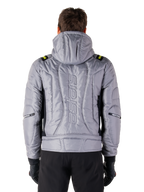 Alpinestars Mohobbs Waterproof Jacket, achteraanzicht, Lunar Gray met Lime Punch accenten, gewatteerde gevoerde constructie met verticaal astars woordmerk, bomberjack met capuchon voor motorrijden in de stad