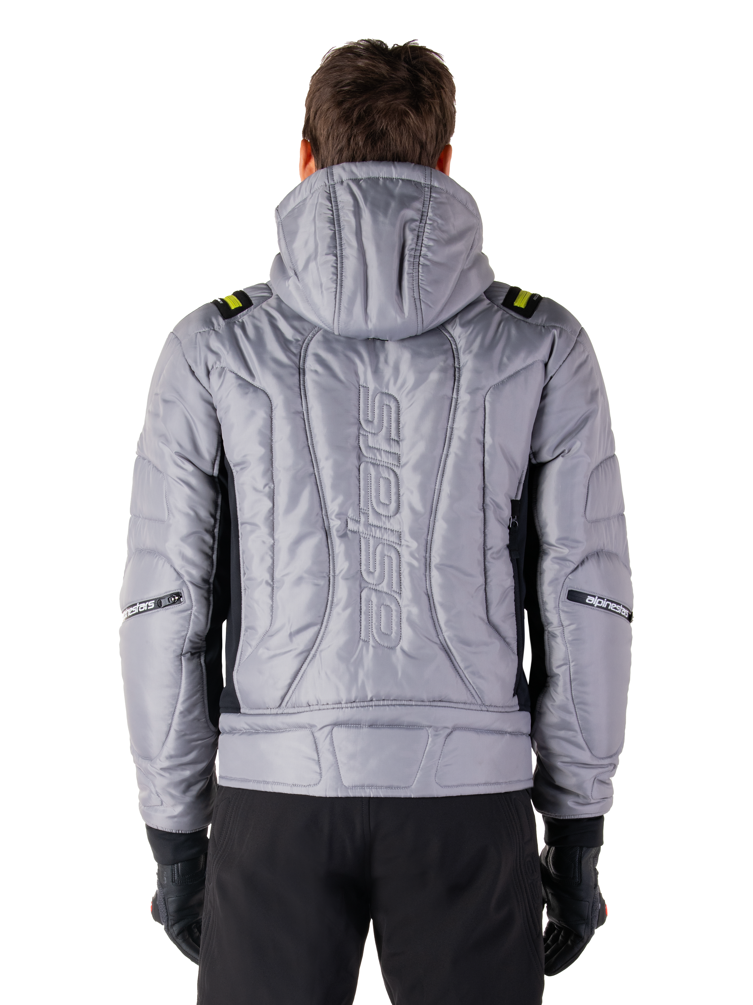 Alpinestars Mohobbs Waterproof Jacket, achteraanzicht, Lunar Gray met Lime Punch accenten, gewatteerde gevoerde constructie met verticaal astars woordmerk, bomberjack met capuchon voor motorrijden in de stad
