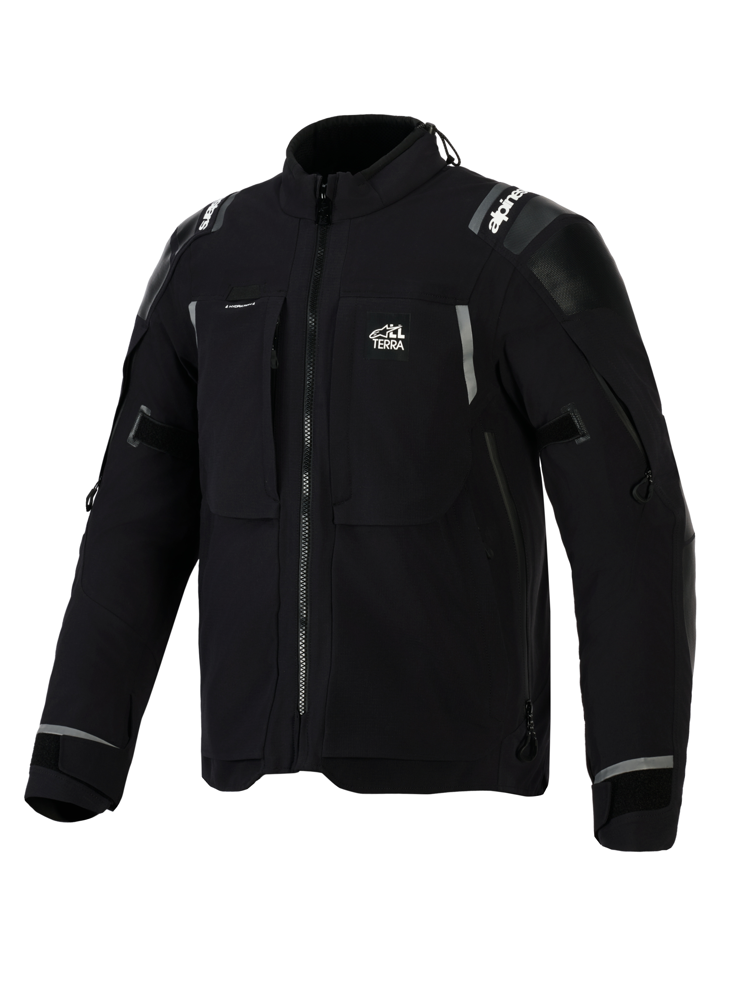 Alpinestars Andes Pro Drystar® XF Jacket, Black and Dark Gray adventure motorcycle jacket, front angled view, featuring 'ALL TERRA' chest logo, reflective branding on shoulders, multiple waterproof zippered pockets, and adjustable sleeve cuffs.