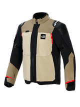 Alpinestars Andes Pro Drystar® XF Jacket, Adventure Motorcycle Jacket, Walnut and Aluminum colorway, tan and black textile construction with red highlights, featuring large utility chest pockets, 'All Terra' chest logo, and reinforced shoulder panels.