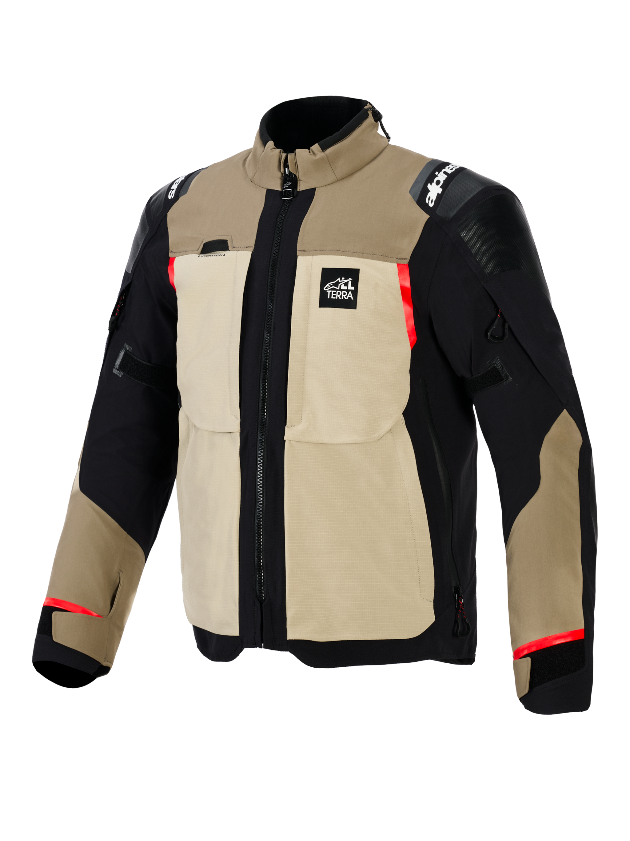 Alpinestars Andes Pro Drystar® XF Jacket, Adventure Motorcycle Jacket, Walnut and Aluminum colorway, tan and black textile construction with red highlights, featuring large utility chest pockets, 'All Terra' chest logo, and reinforced shoulder panels.