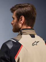 Alpinestars Andes Pro Drystar® XF Jacket in Walnut Aluminum, close-up back view showing the collar and upper shoulders, featuring the Alpinestars logo, Tech-Air compatibility branding, red accents, and a shock cord adjustment system on the neck.