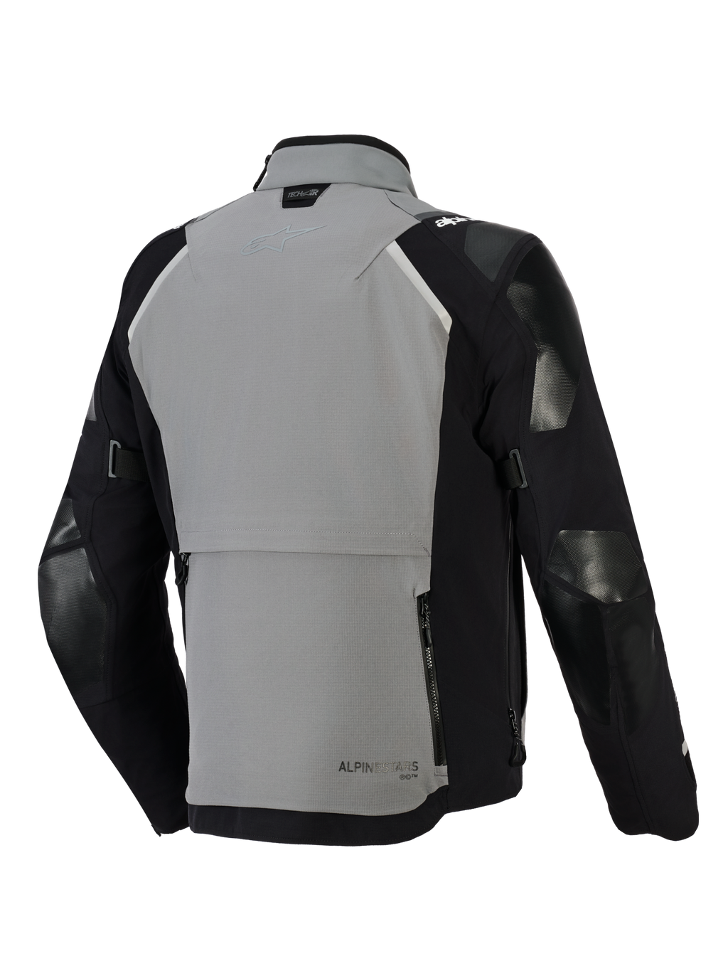 Alpinestars Andes Pro Drystar® XF Jas, adventure motorjas, donkergrijs en zwart, achteraanzicht met een groot opbergvak met ritsen op de rug, verstelbare mouwbanden en Tech-Air-branding op de kraag, duurzaam textielontwerp