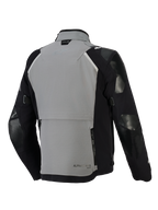 Alpinestars Andes Pro Drystar® XF Jas, adventure motorjas, donkergrijs en zwart, achteraanzicht met een groot opbergvak met ritsen op de rug, verstelbare mouwbanden en Tech-Air-branding op de kraag, duurzaam textielontwerp