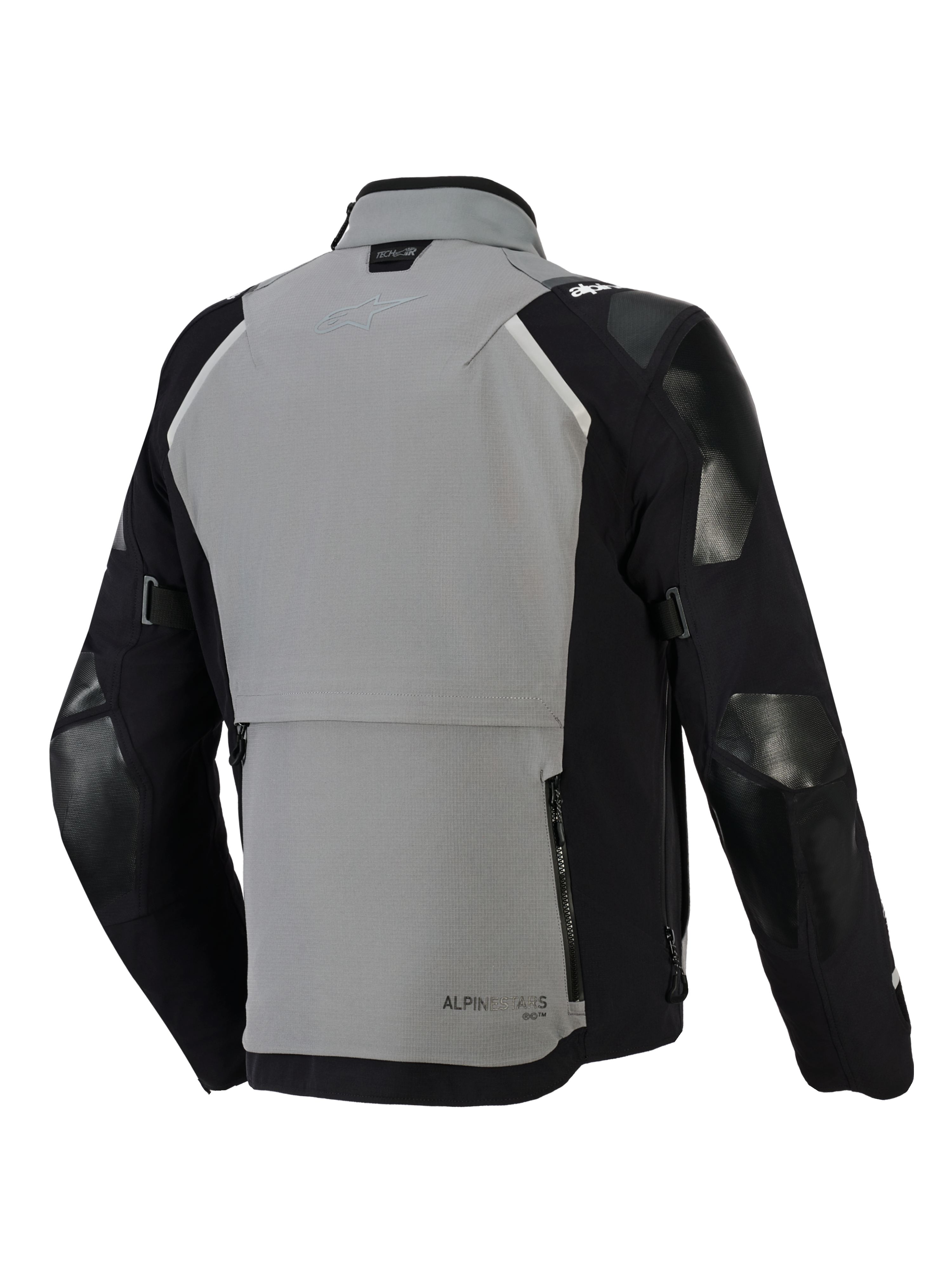 Alpinestars Andes Pro Drystar® XF Jas, adventure motorjas, donkergrijs en zwart, achteraanzicht met een groot opbergvak met ritsen op de rug, verstelbare mouwbanden en Tech-Air-branding op de kraag, duurzaam textielontwerp