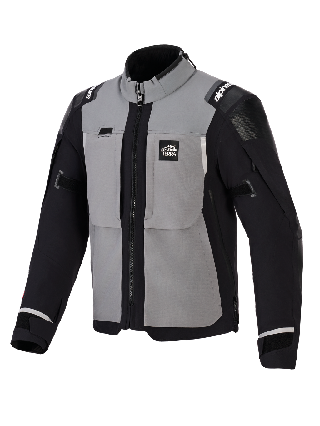Alpinestars Andes Pro Drystar® XF jas, adventure motorjas, donkergrijs en zwart, voorzien van grijze borstpanelen met zwarte mouwen en zijkanten, 'ALL TERRA' branding op de borst, Alpinestars-logo op de schouders, technische textielconstructie met ventilatieritsen en verstelbare manchetten.
