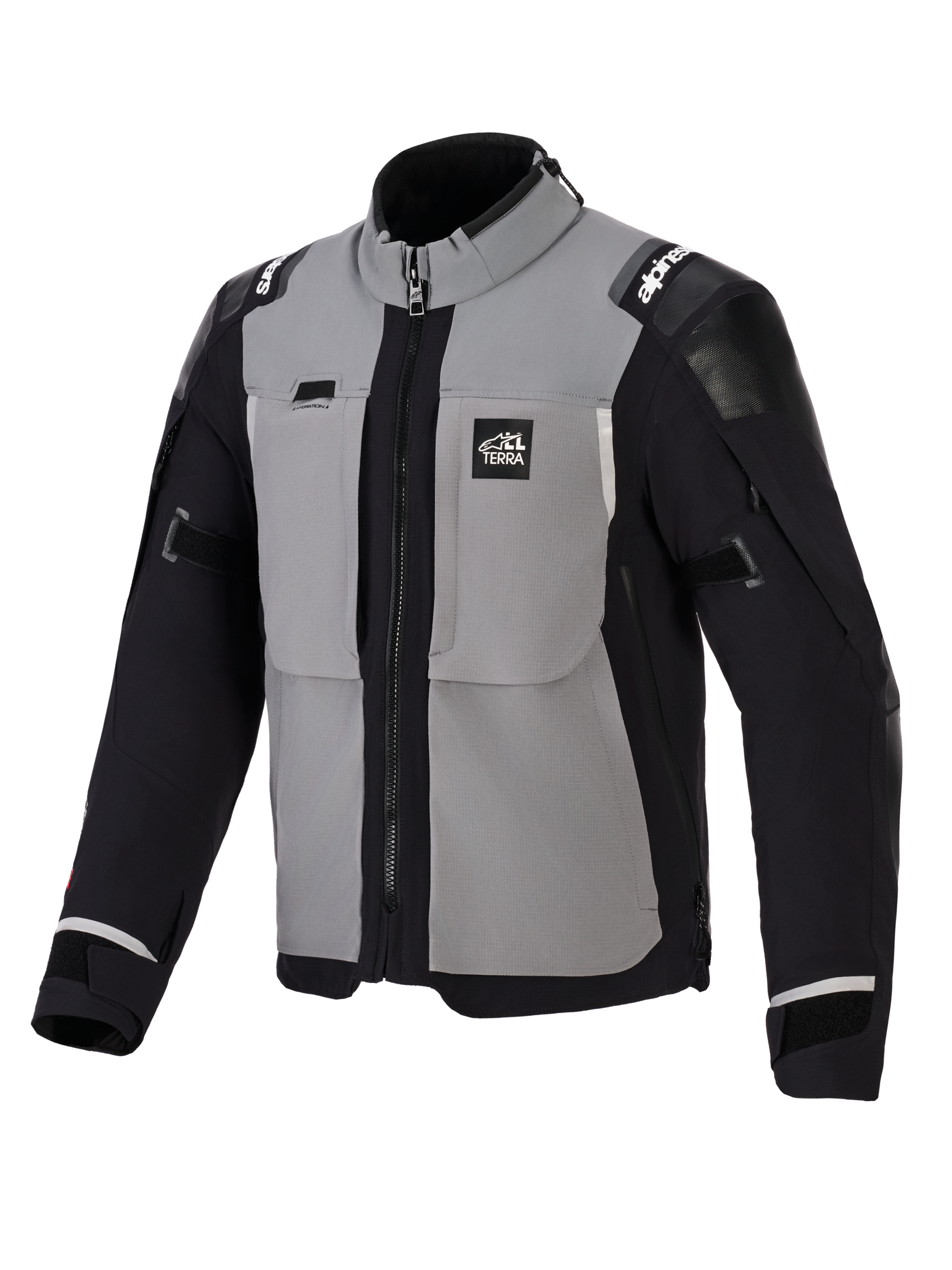 Alpinestars Andes Pro Drystar® XF Jacket, Adventure Motorcycle Jacket, Dark Gray and Black, featuring gray chest panels with black sleeves and sides, 'ALL TERRA' branding on the chest, Alpinestars logo on the shoulders, technical textile construction with ventilation zippers and adjustable cuffs.