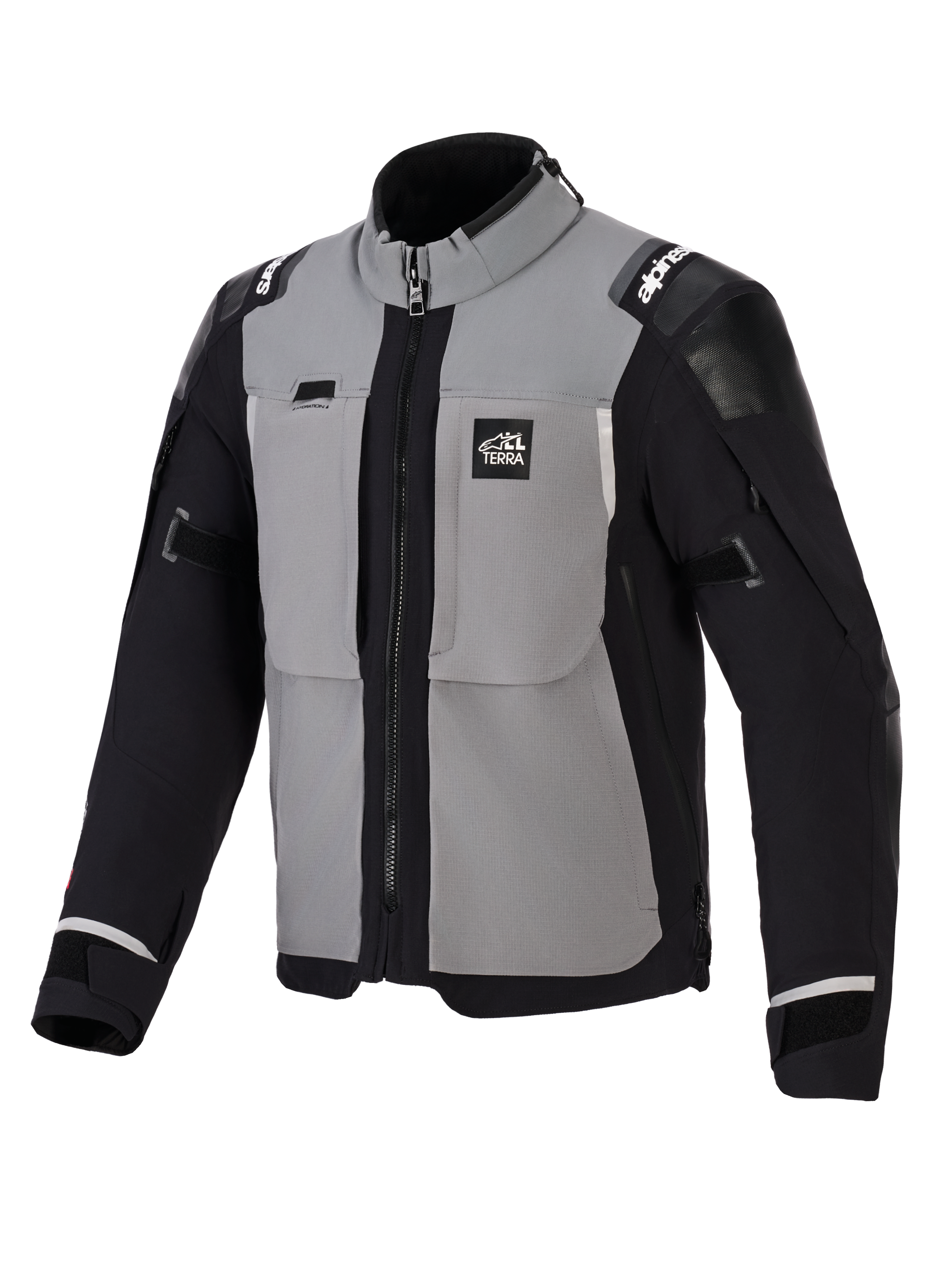Alpinestars Andes Pro Drystar® XF jas, adventure motorjas, donkergrijs en zwart, voorzien van grijze borstpanelen met zwarte mouwen en zijkanten, 'ALL TERRA' branding op de borst, Alpinestars-logo op de schouders, technische textielconstructie met ventilatieritsen en verstelbare manchetten.