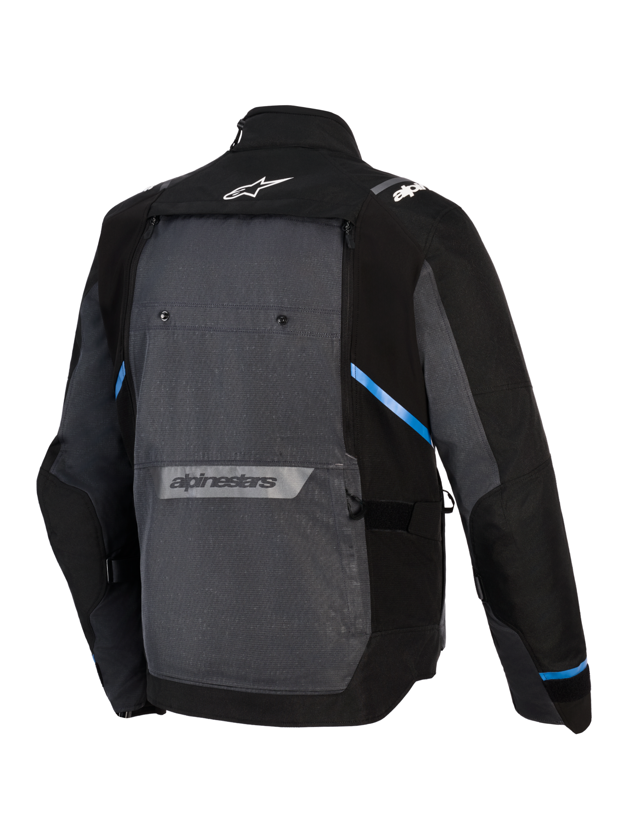 Alpinestars Cusco Drystar® Jas, adventure touring motorjas, zwart en diepgrijs, achteraanzicht met groot grijs achterpaneel, blauwe accenten, Alpinestars-logo's op de boven- en onderrug en een duurzame ripstop textielconstructie