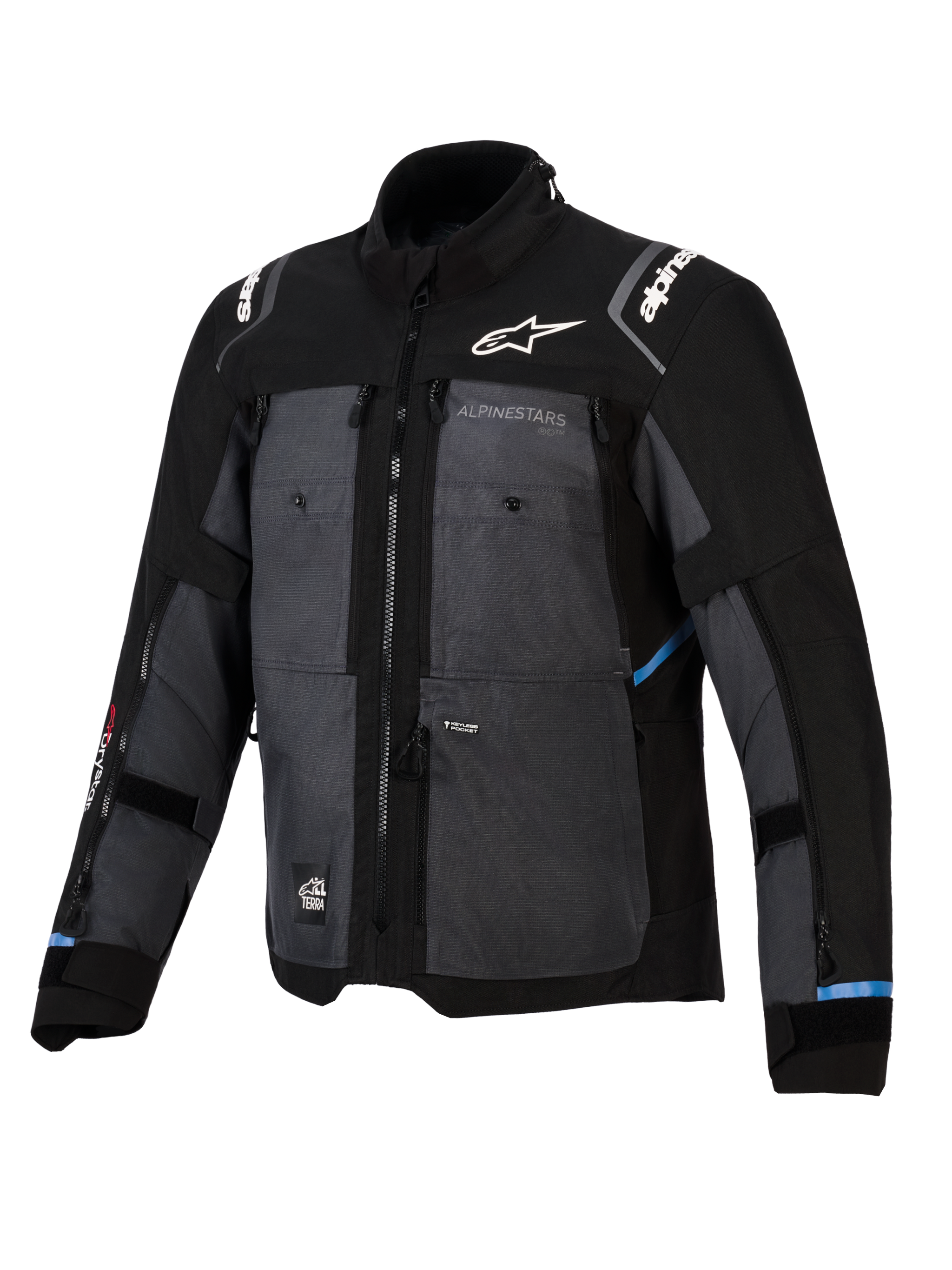 Alpinestars Cusco Drystar® Jacket, adventure-touringmotorjas, zwart en donkergrijs, met ripstop textielpanelen, witte Alpinestars-branding op de borst en schouders, meerdere ventilatieritsen en lichtblauwe accenten.