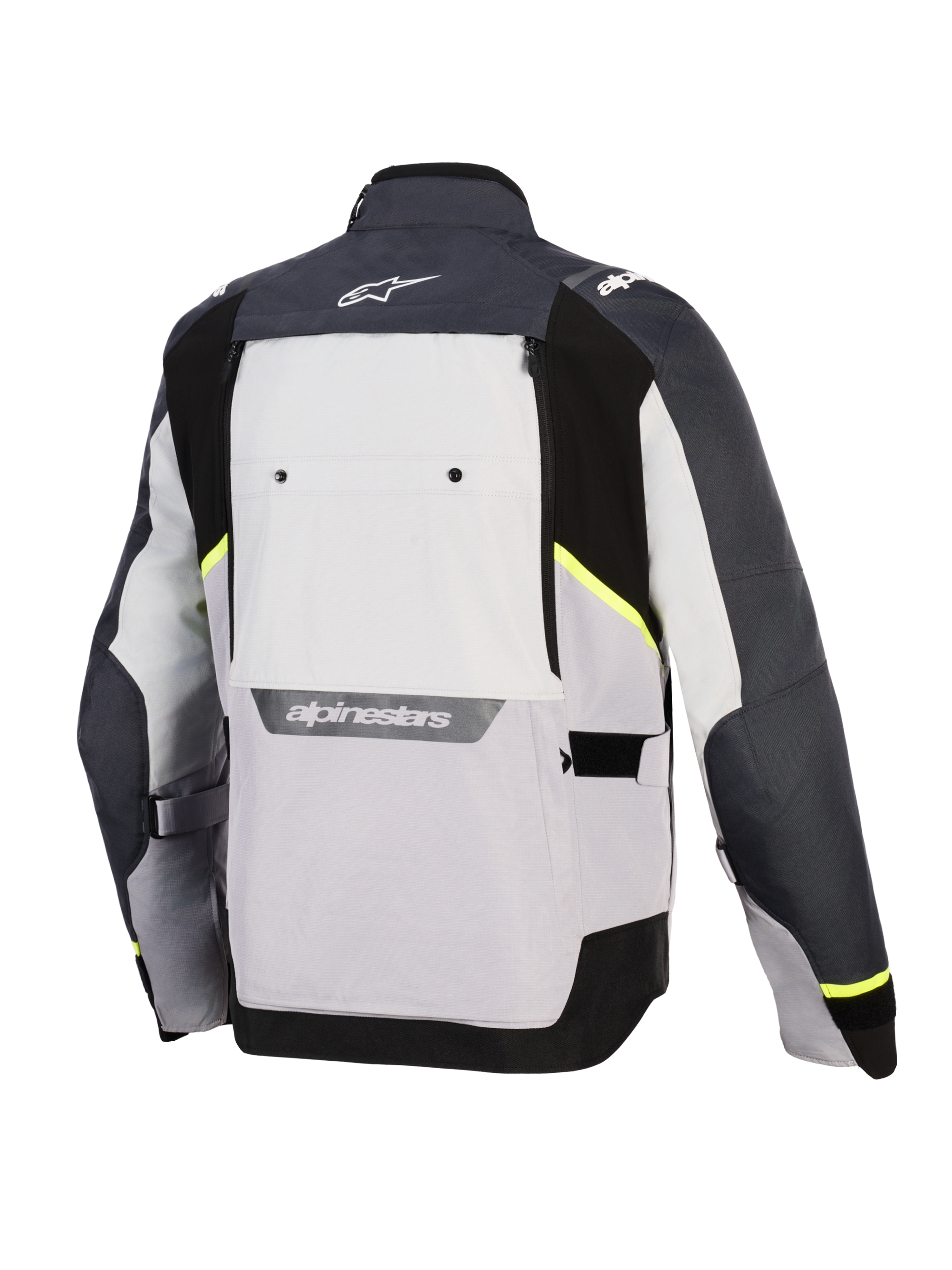 Alpinestars Cusco Drystar® Jas, motorjas, Ice Gray, Mid Gray en Deep Gray, achteraanzicht met textielpanelen in diverse grijstinten, neongele accenten, groot ventilatiepaneel op de rug en witte Alpinestars-logo's op de kraag en onderrug