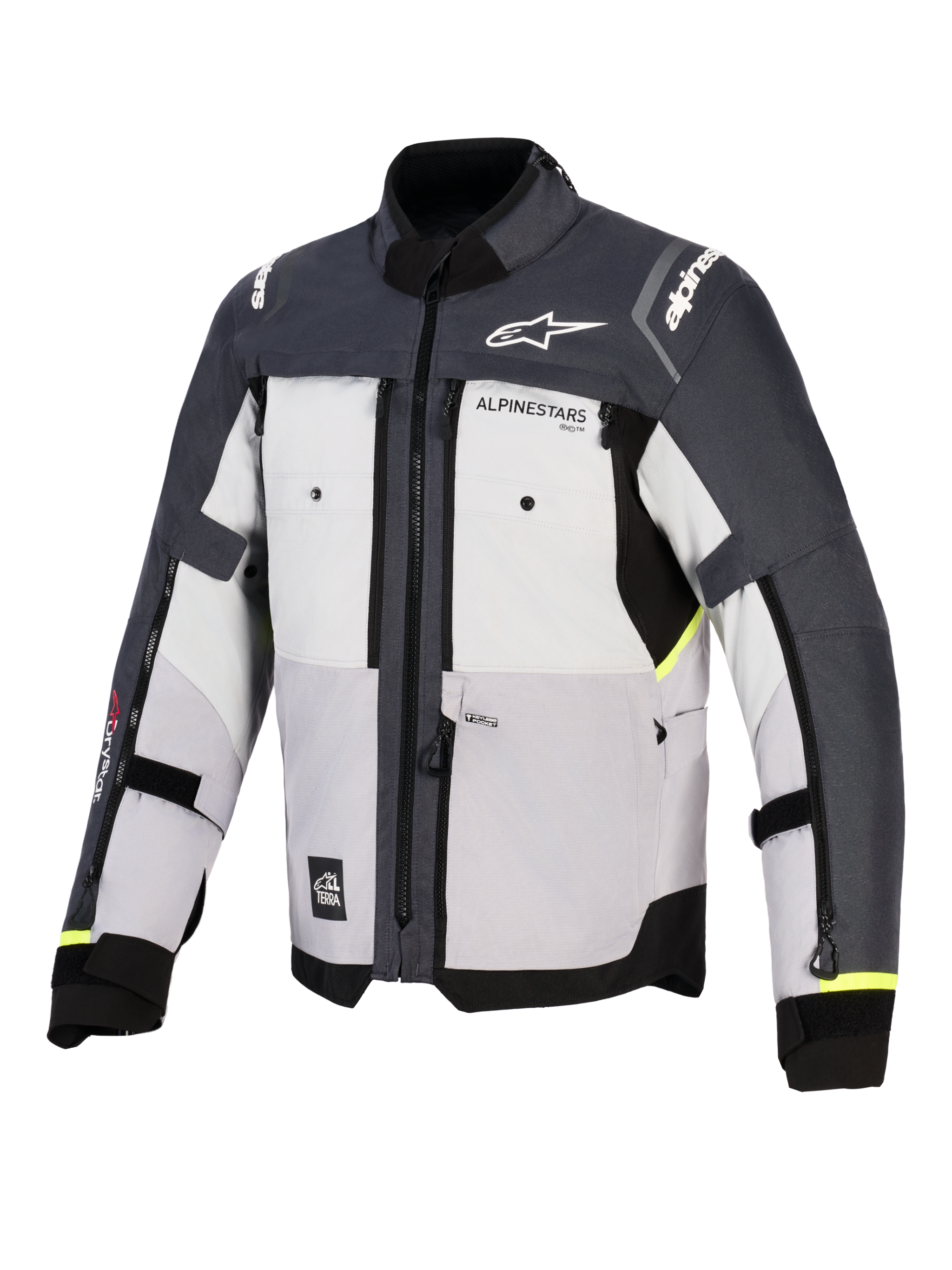 Alpinestars Cusco Drystar® jas, adventure motorjas, Ice Gray, Mid Gray en Deep Gray, vooraanzicht met textielconstructie uit meerdere panelen, ventilatieopeningen met rits op de borst en Alpinestars-logo's op de borst en schouders