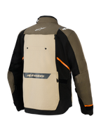 Alpinestars Cusco Drystar® Jacket, Back View, Walnut Aluminum Black, textile adventure motorcycle jacket featuring a large beige back panel, orange diagonal accents, and reflective logos on a brown and black shell.