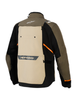 Alpinestars Cusco Drystar® Jacket, Back View, Walnut Aluminum Black, textile adventure motorcycle jacket featuring a large beige back panel, orange diagonal accents, and reflective logos on a brown and black shell.