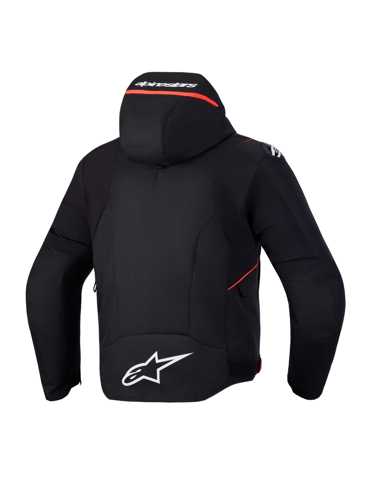 Alpinestars Zaca V2 Waterproof Jas, motor sportjas, achteraanzicht met geïntegreerde capuchon en witte logodetails, zwart en fluo rood, CE-gecertificeerde textielconstructie