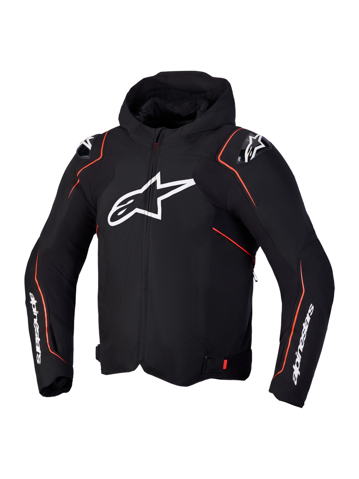 Alpinestars Zaca V2 Waterproof Jacket, zwarte en rode motorjas met capuchon, witte logografische accenten en schouderbescherming