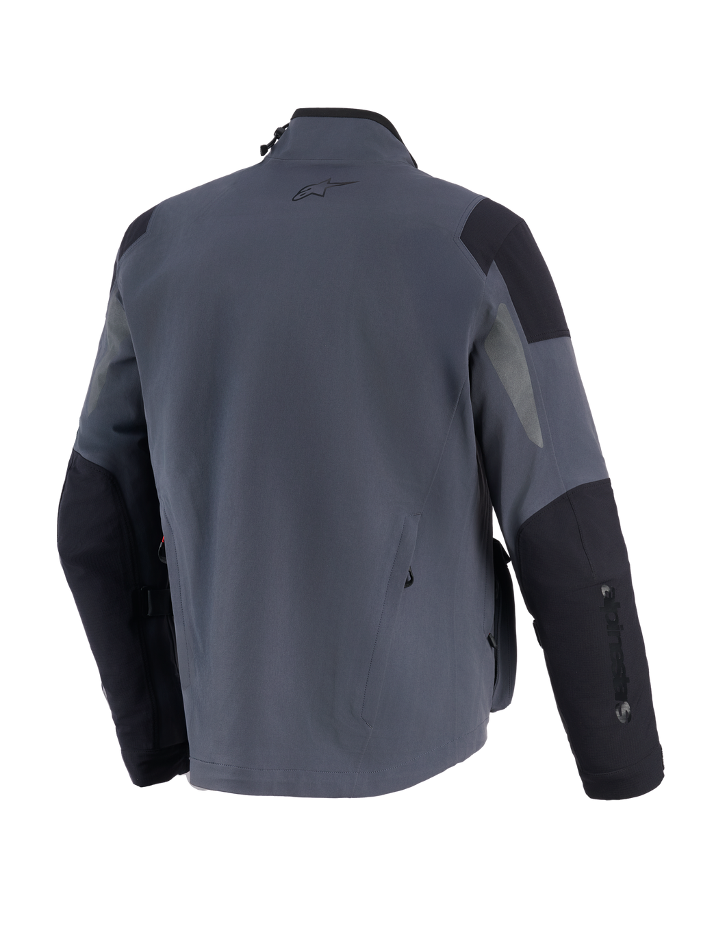 Alpinestars Maxdura Drystar®XF Laminated Armored Shell, technische adventure motorjas, donkergrijs en zwart, achteraanzicht met verstevigde schouder- en elleboogpanelen, klein A-star logo op de bovenrug en verticale merknaam op de mouw.