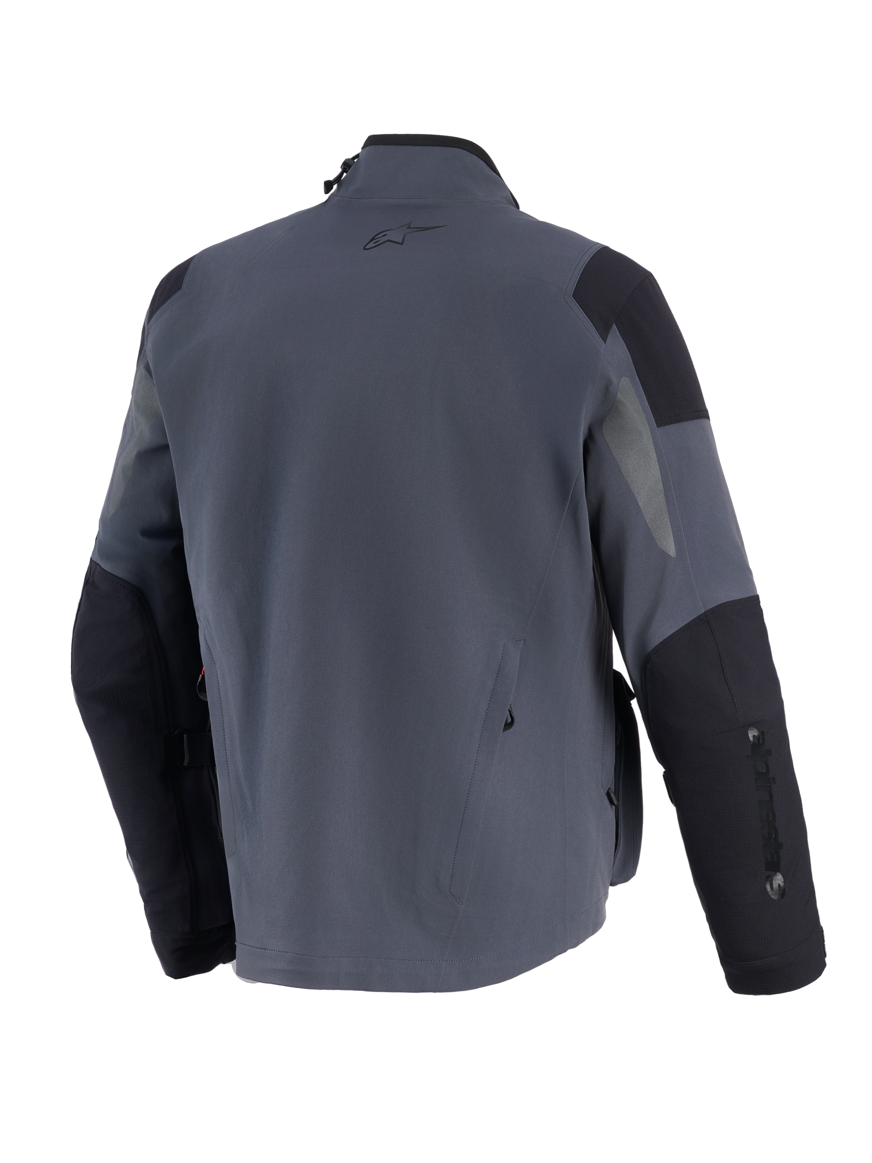 Alpinestars Maxdura Drystar®XF Laminated Armored Shell, technische adventure motorjas, donkergrijs en zwart, achteraanzicht met verstevigde schouder- en elleboogpanelen, klein A-star logo op de bovenrug en verticale merknaam op de mouw.