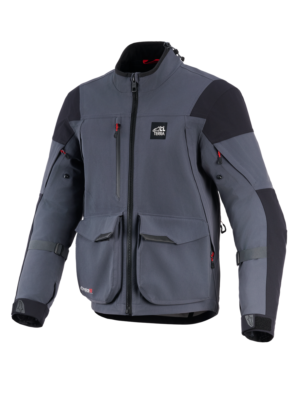 Alpinestars Maxdura Drystar®XF Laminated Armored Shell, motorjas, donkergrijs en zwart, vooraanzicht met grote cargozakken, rode ritsaccenten, 'ALL TERRA' logo op de borst en verstelbare mouwbanden, technische adventure touring uitrusting