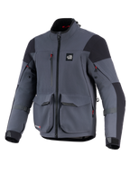 Alpinestars Maxdura Drystar®XF Laminated Armored Shell, motorjas, donkergrijs en zwart, vooraanzicht met grote cargozakken, rode ritsaccenten, 'ALL TERRA' logo op de borst en verstelbare mouwbanden, technische adventure touring uitrusting