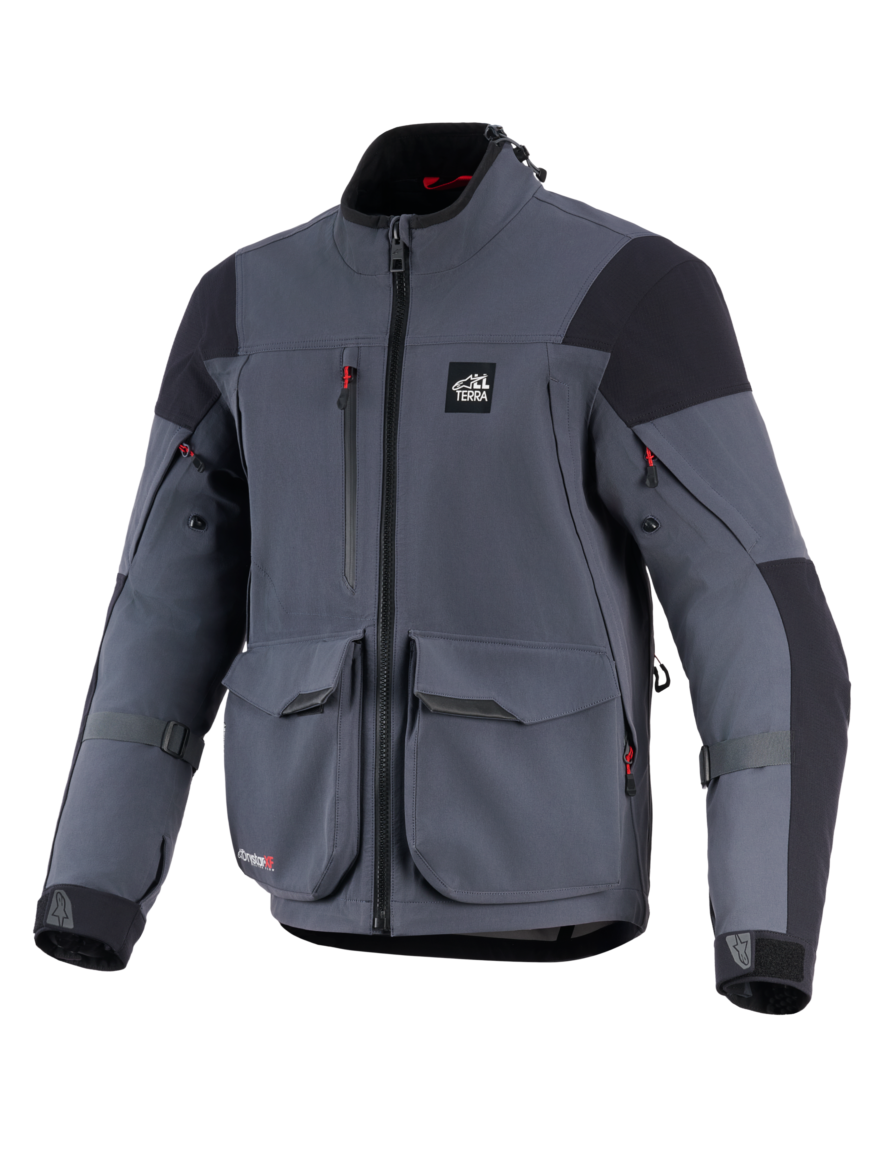 Alpinestars Maxdura Drystar®XF Laminated Armored Shell, motorjas, donkergrijs en zwart, vooraanzicht met grote cargozakken, rode ritsaccenten, 'ALL TERRA' logo op de borst en verstelbare mouwbanden, technische adventure touring uitrusting