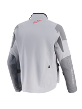 Alpinestars Maxdura Drystar®XF Laminated Armored Shell, Adventure Motorcycle Jacket, Mid Gray and Dark Gray, back view featuring a red Alpinestars logo on the neck, reinforced dark gray panels on elbows and shoulders, and professional textile construction.