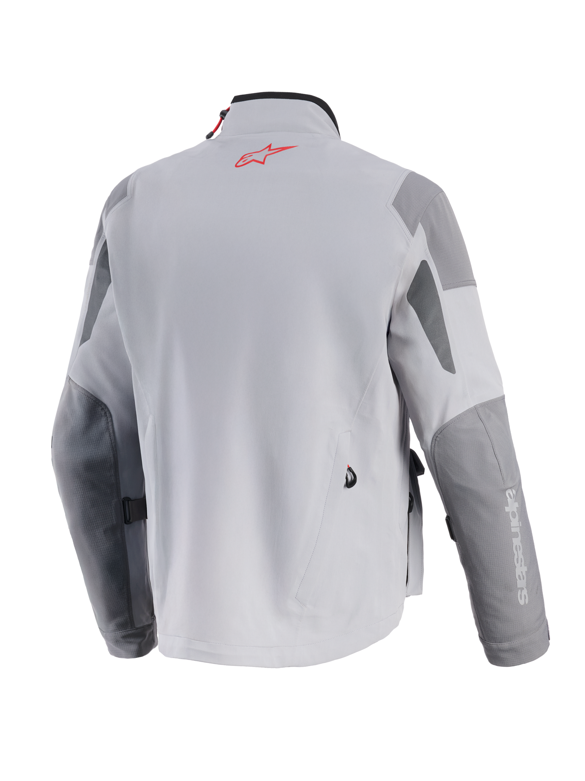 Alpinestars Maxdura Drystar®XF Laminated Armored Shell, Adventure Motorcycle Jacket, Mid Gray and Dark Gray, back view featuring a red Alpinestars logo on the neck, reinforced dark gray panels on elbows and shoulders, and professional textile construction.