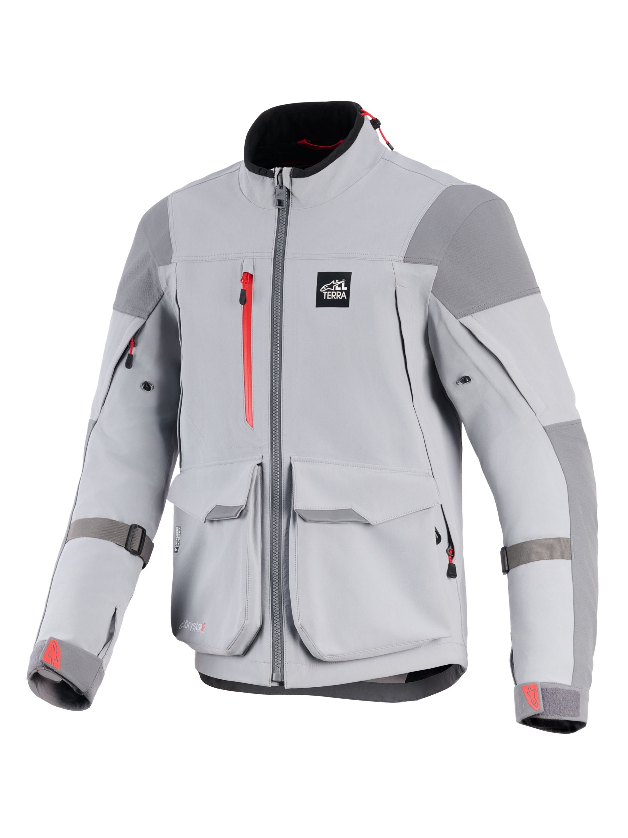 Alpinestars Maxdura Drystar®XF Laminated Armored Shell, Motorcycle Jacket, Mid Gray and Dark Gray, featuring red zipper accents and cuff logos, large front cargo pockets, reinforced shoulder and elbow panels, technical adventure gear design with 'ALL TERRA' logo on chest