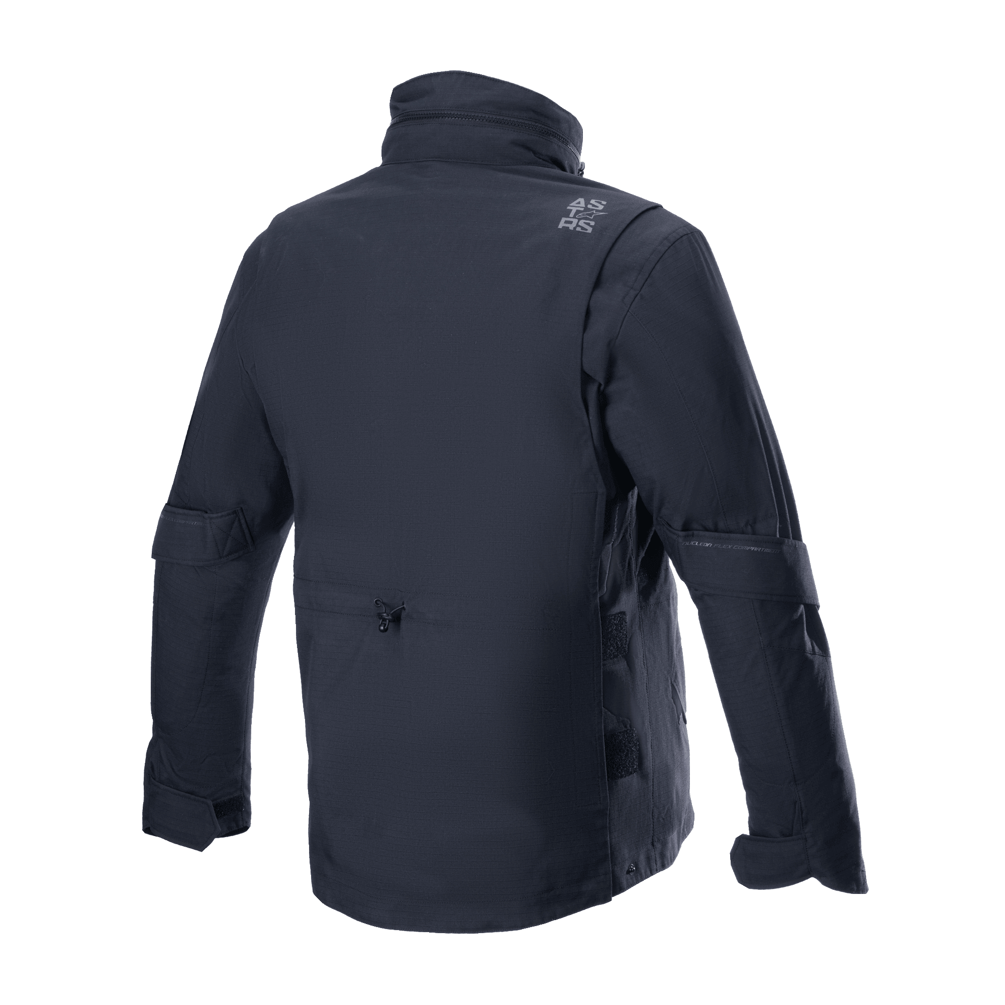 Alpinestars MO.ST.EQ Field Waterproof Primaloft jas, zwart, achteraanzicht, eigentijdse op streetwear geïnspireerde motorjas met ripstop textielconstructie, hoge kraag en subtiel grijs logo op de schouder.