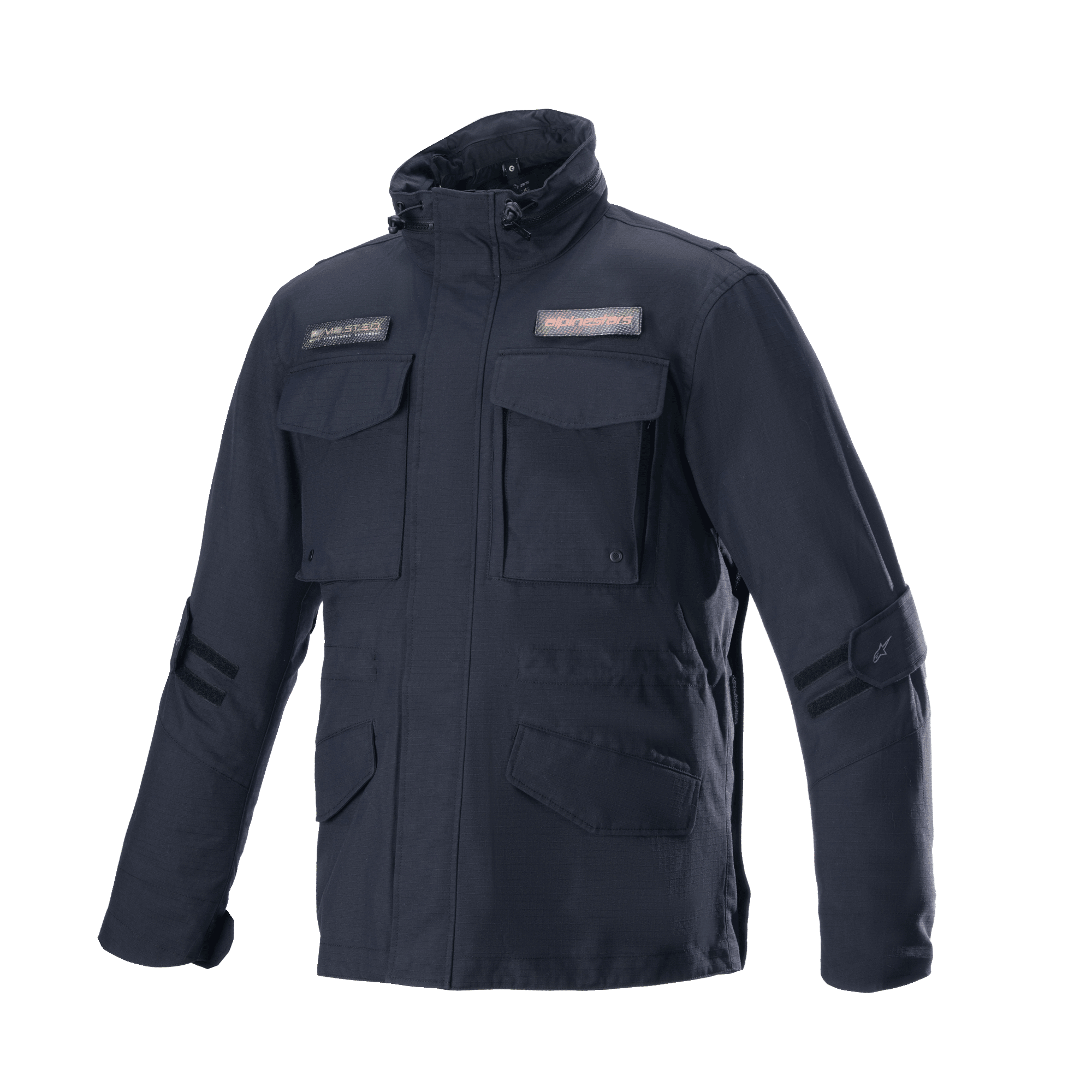 Alpinestars MO.ST.EQ Field Waterproof Primaloft Jacket, zwart, urban motorjas, field jacket-stijl, vier voorzakken met flappen, hoge kraag met trekkoorden, duurzame ripstop-constructie met logopatches