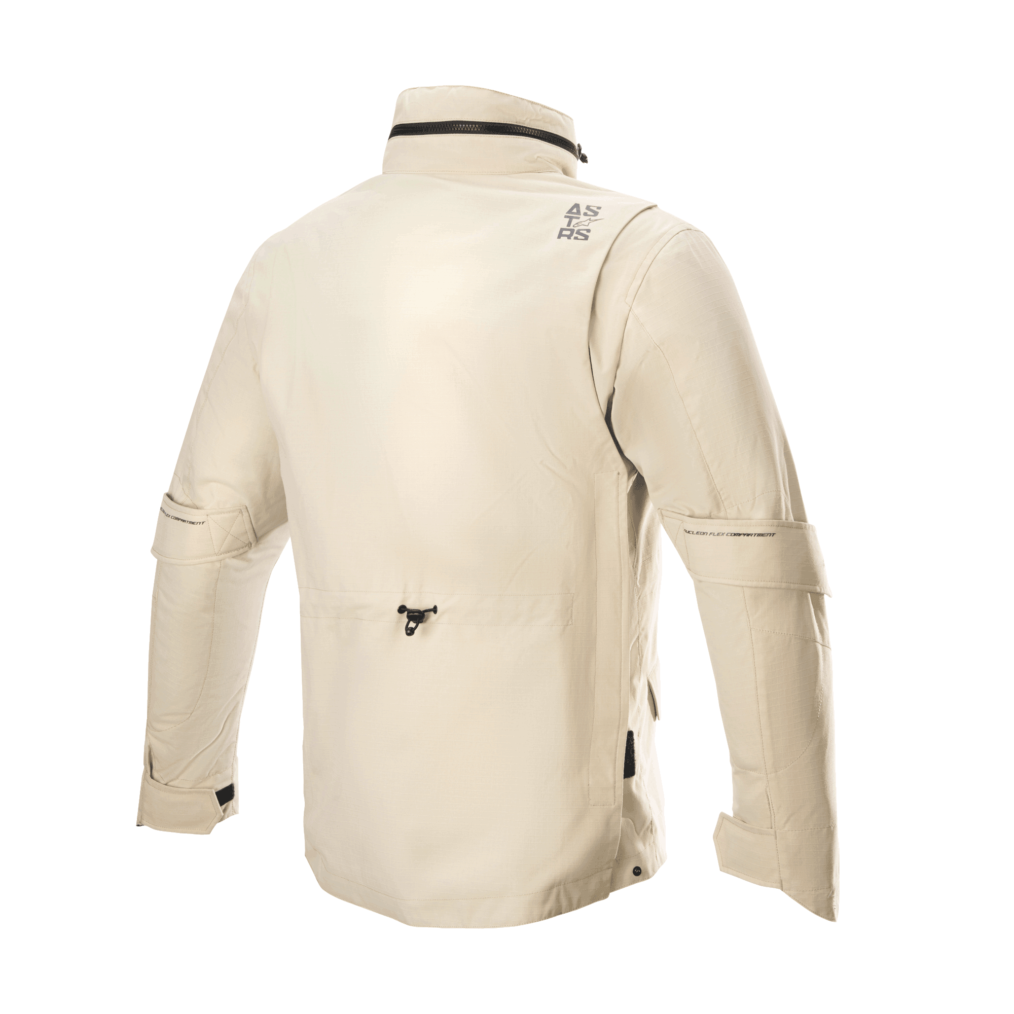 Alpinestars MO.ST.EQ Field Waterproof Primaloft jas, motorjas, Sand Military, achteraanzicht met een hoge kraag met opvouwbare capuchon, mouwvolumeregelaars en een lichtgewicht ripstop-constructie in een eigentijdse field jacket-stijl