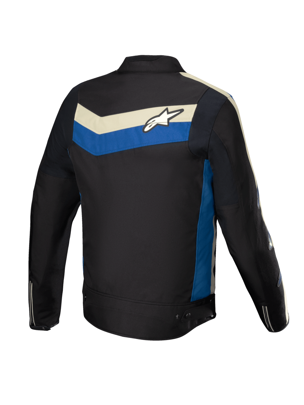 Alpinestars T-Dyno waterafstotende motorjas, heren, zwart met blauwe en ecru accenten, achteraanzicht met stretchpanelen en achterkant logo-afbeelding