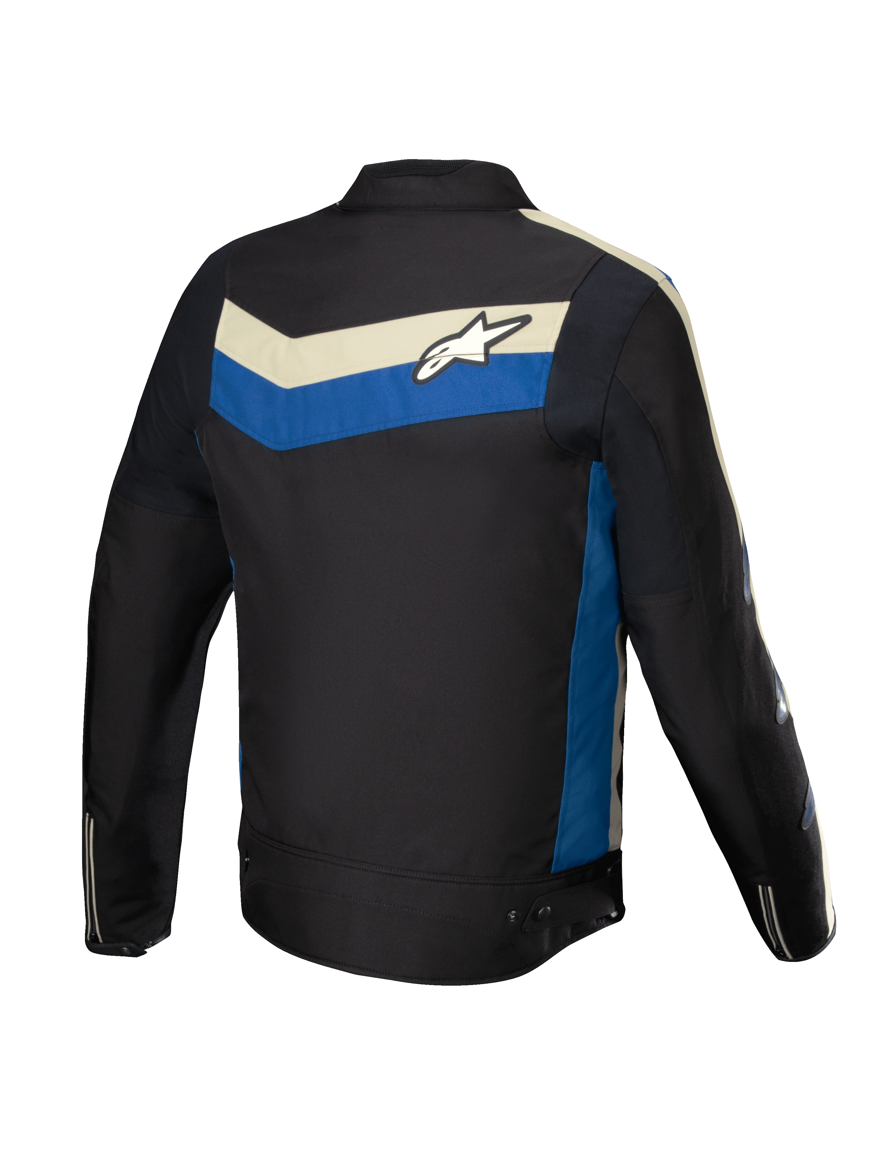 Alpinestars T-Dyno waterafstotende motorjas, heren, zwart met blauwe en ecru accenten, achteraanzicht met stretchpanelen en achterkant logo-afbeelding