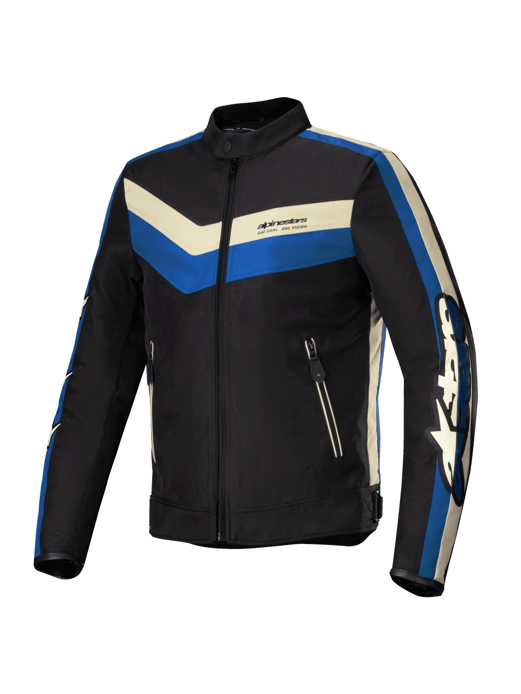 Alpinestars T-Dyno Waterafstotend jas, heren motorjas van textiel, zwart, blauw en ecru, waterbestendig, vintage bikerpasvorm