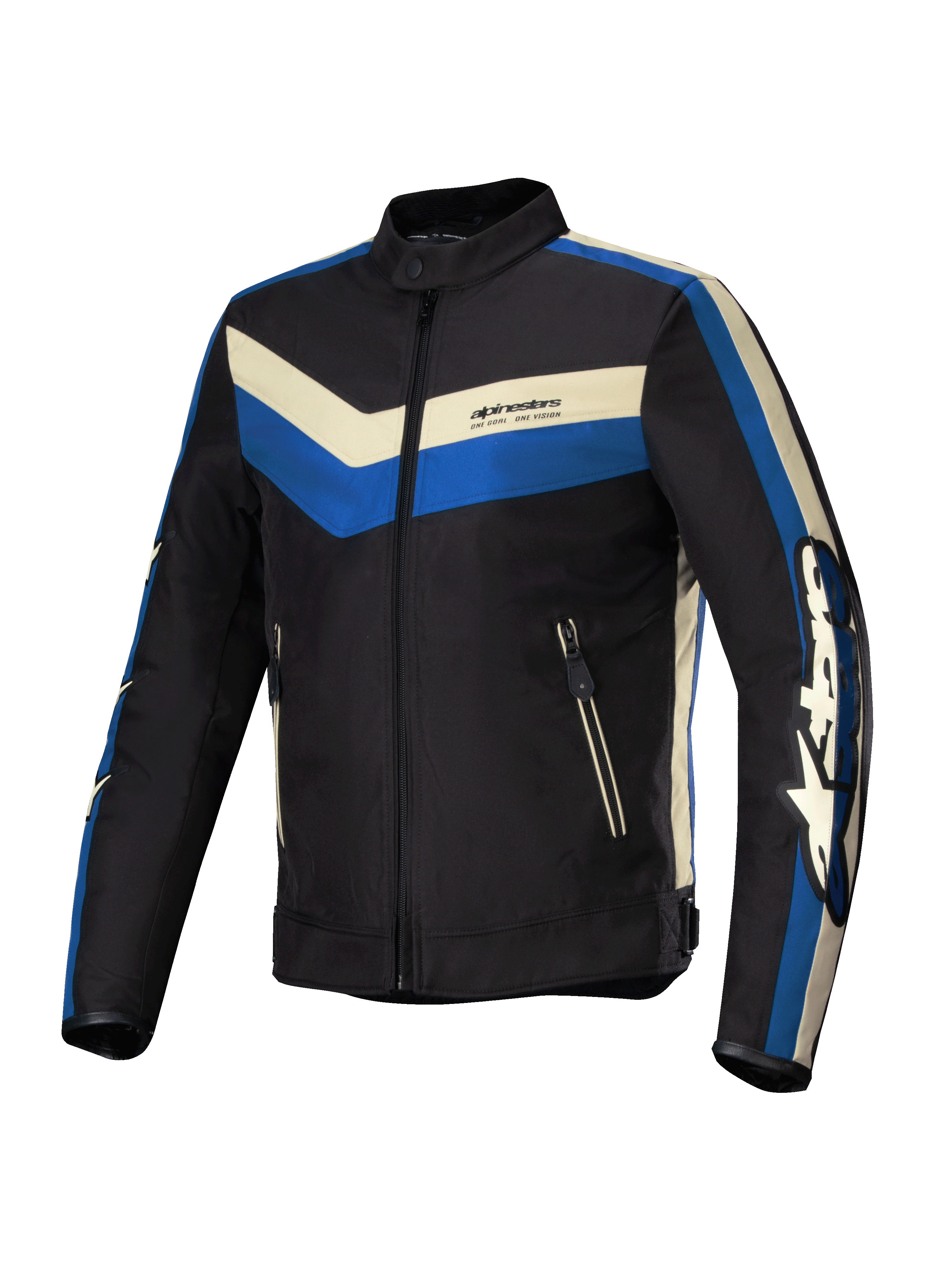 Alpinestars T-Dyno Waterafstotend jas, heren motorjas van textiel, zwart, blauw en ecru, waterbestendig, vintage bikerpasvorm