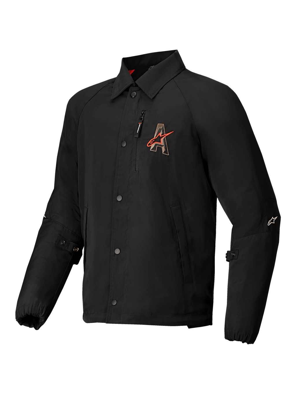 Alpinestars Revved Waterafstotend Jas, urban motorjas, zwart satijn met contrastborduurwerk en drukknoopsluiting, CE Level A-gecertificeerd