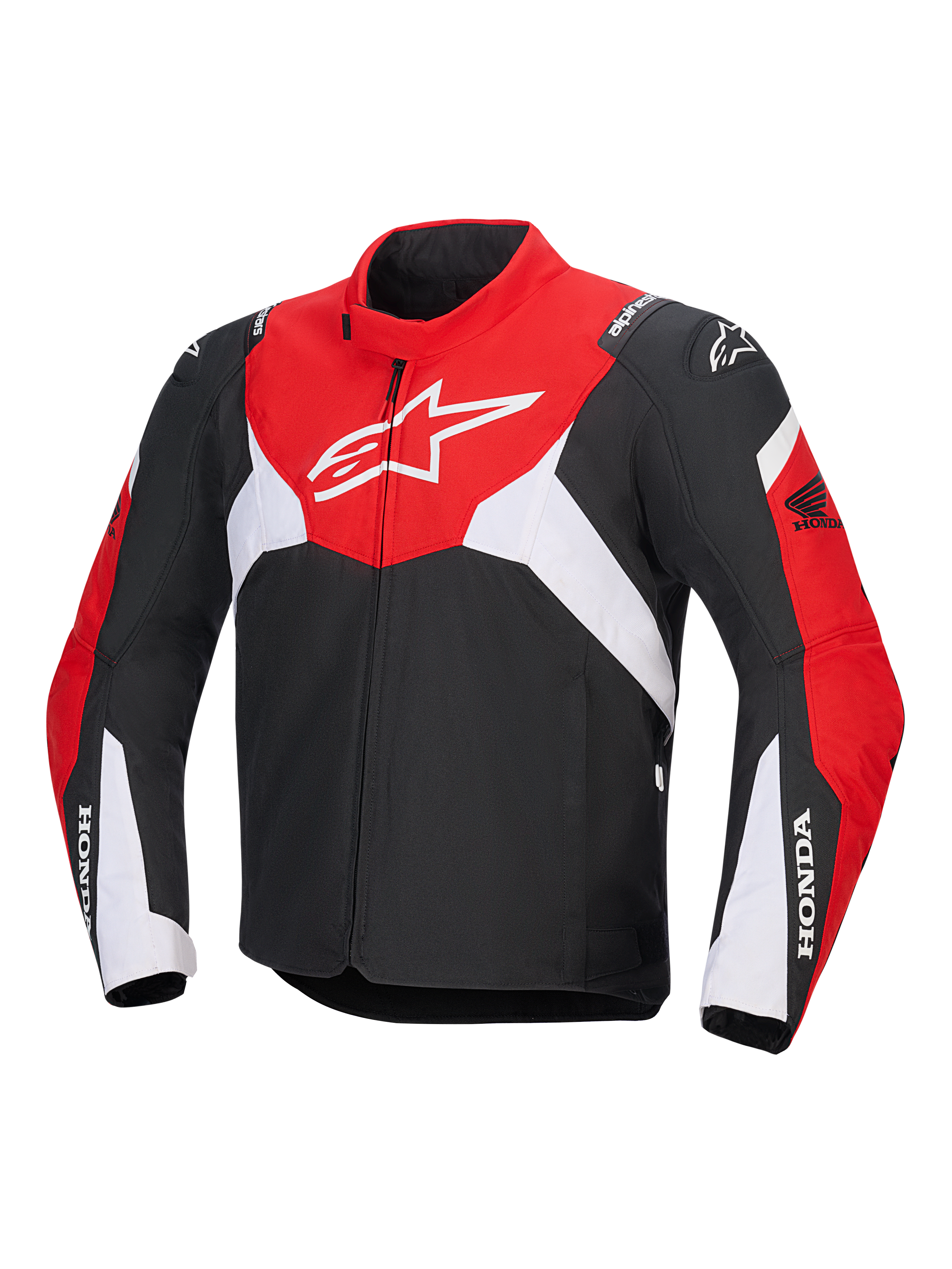 Alpinestars Honda T-Jaws V4 Wp Jacket, technische waterdichte motorjas, zwart, helderrood en wit, met een groot wit Astar-logo op de borst en Honda-branding op de mouwen, sportief ontwerp met hoge kraag en ritssluiting