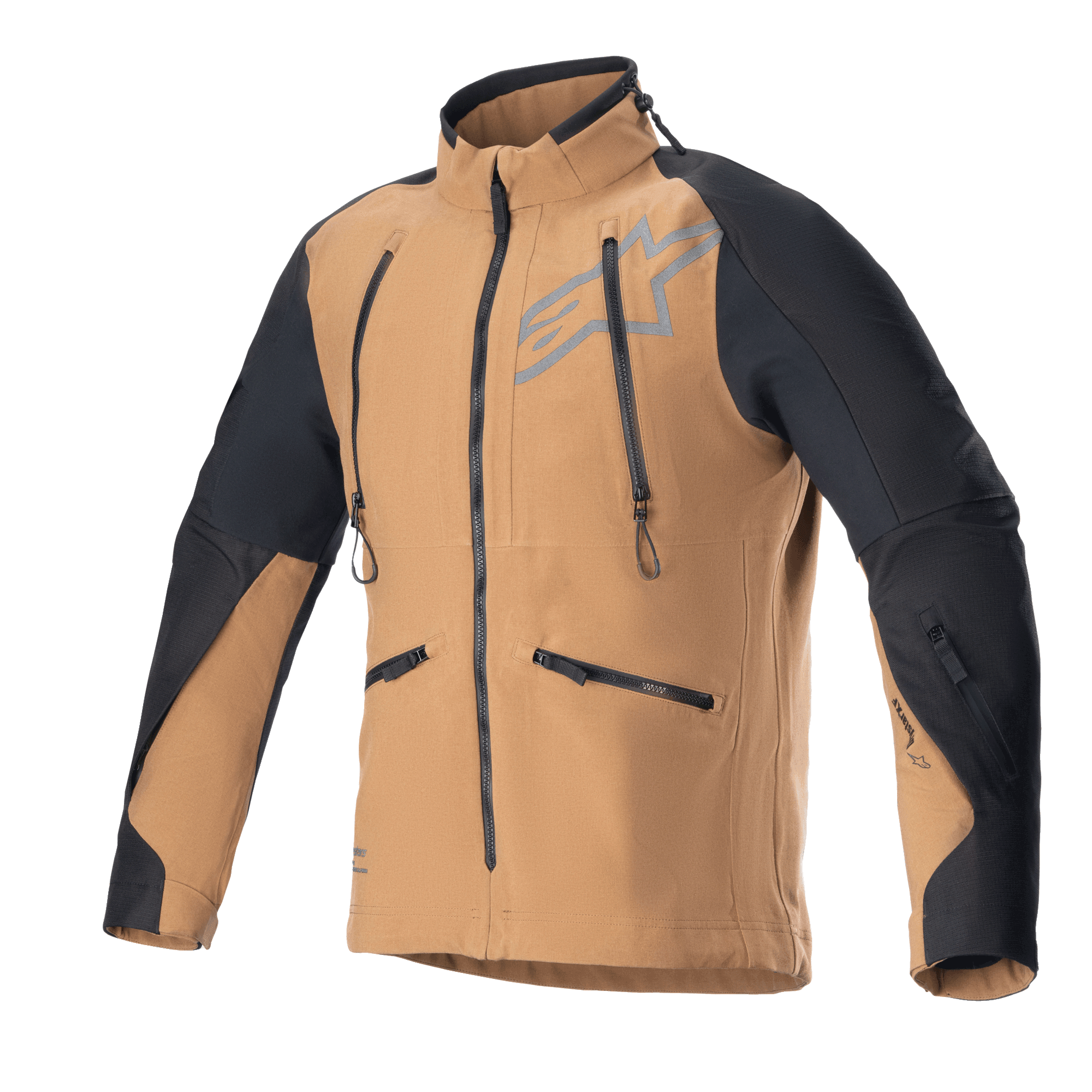 Alpinestars Hyde XT Drystar XF Jacket, adventure touring motorjas, zandkleurig en zwart, met verticale ventilatieritsen op de borst en zijzakken, zwarte ripstop-panelen op de schouders en armen, hoge kraag, waterdichte textielconstructie voor off-road rijden