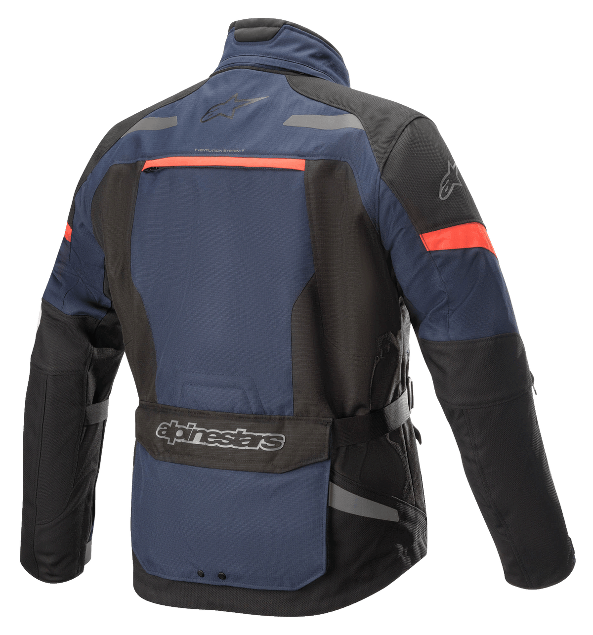 Alpinestars Valparaiso V3 Drystar® Jas, adventure touring motorjas, donkerblauw en zwart met roodoranje accenten, achteraanzicht met een grote opbergzak, reflecterende details en ventilatieopeningen.