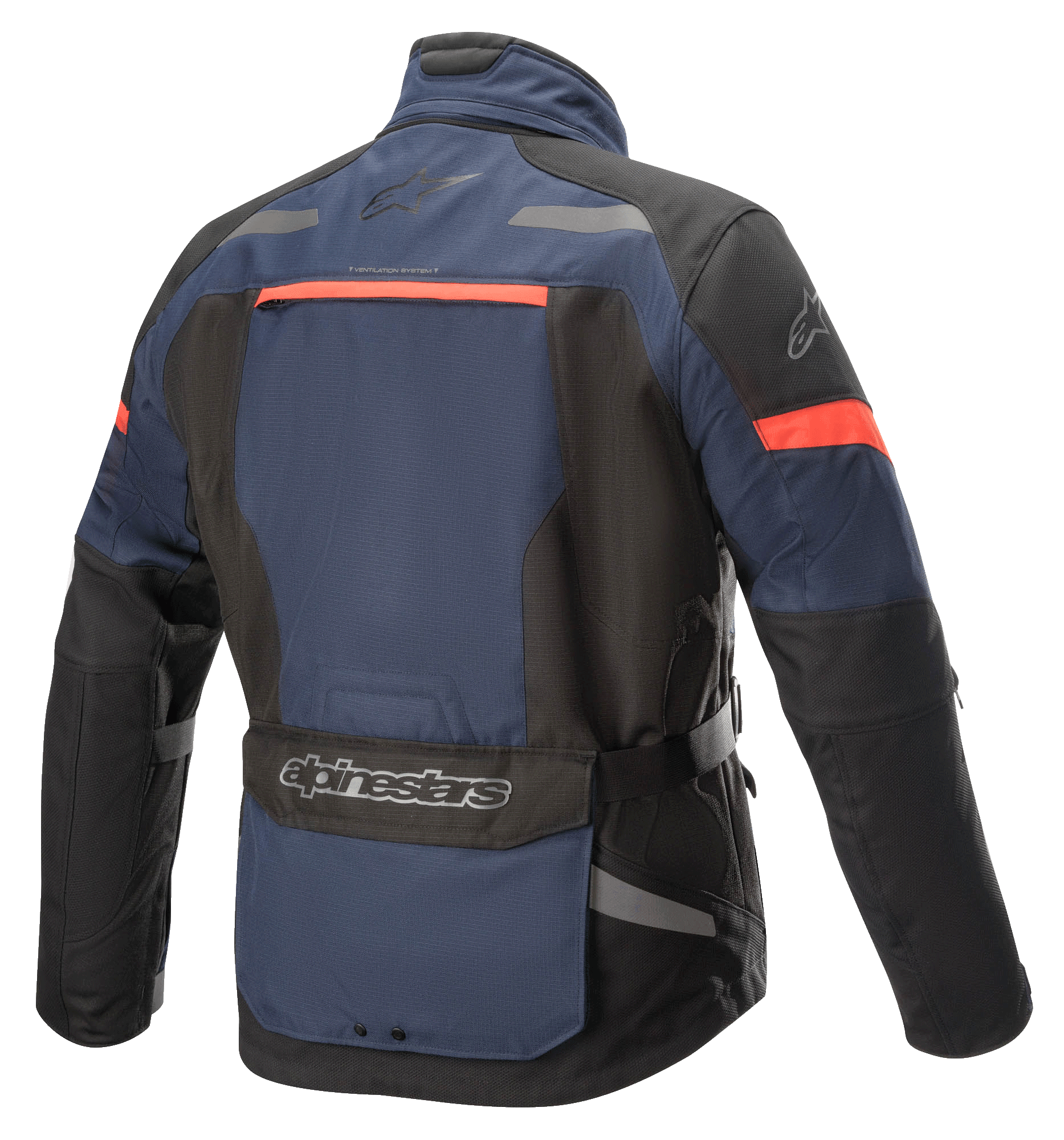 Alpinestars Valparaiso V3 Drystar® Jas, adventure touring motorjas, donkerblauw en zwart met roodoranje accenten, achteraanzicht met een grote opbergzak, reflecterende details en ventilatieopeningen.