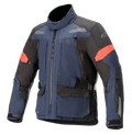 Alpinestars Valparaiso V3 Drystar jas, touring motorjas, donkerblauw en zwart met rode accenten, voorzien van reflecterende strips, meerdere cargozakken met rits, verstelbare taille- en mouwbanden, duurzame textielconstructie voor adventure touring