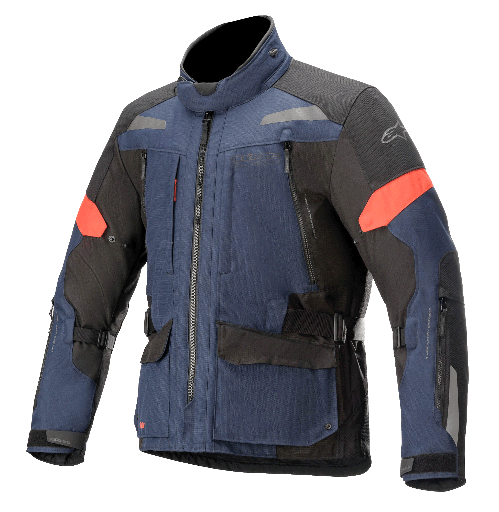 Alpinestars Valparaiso V3 Drystar jas, touring motorjas, donkerblauw en zwart met rode accenten, voorzien van reflecterende strips, meerdere cargozakken met rits, verstelbare taille- en mouwbanden, duurzame textielconstructie voor adventure touring