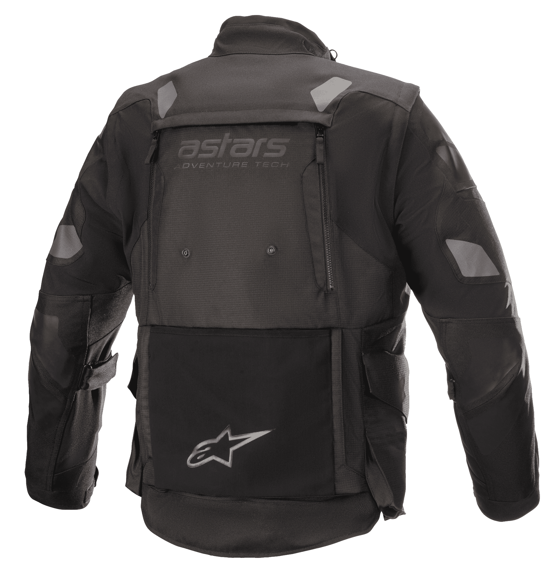Alpinestars Halo Drystar® Jas, adventure touring motorjas, zwart, achteraanzicht met groot ventilatiepaneel aan de achterzijde, 'astars adventure tech' branding, reflecterende schouder- en elleboogpatches en geïntegreerde opbergzak op de onderrug met sterlogo