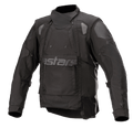 Alpinestars Halo Drystar® motorjas, zwarte adventure motorjas, hightech kraag, dubbele borstritsen, grote voorflap met subtiele Astars-branding, versterkte schouders en ellebogen, waterdichte multi-season touringuitrusting