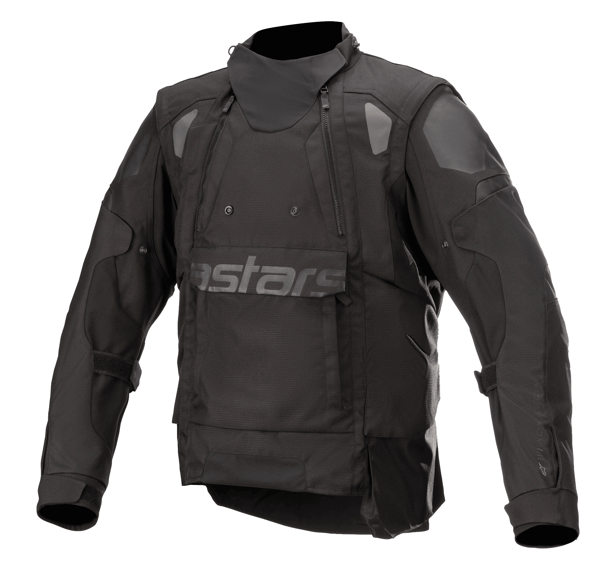 Alpinestars Halo Drystar® motorjas, zwarte adventure motorjas, hightech kraag, dubbele borstritsen, grote voorflap met subtiele Astars-branding, versterkte schouders en ellebogen, waterdichte multi-season touringuitrusting