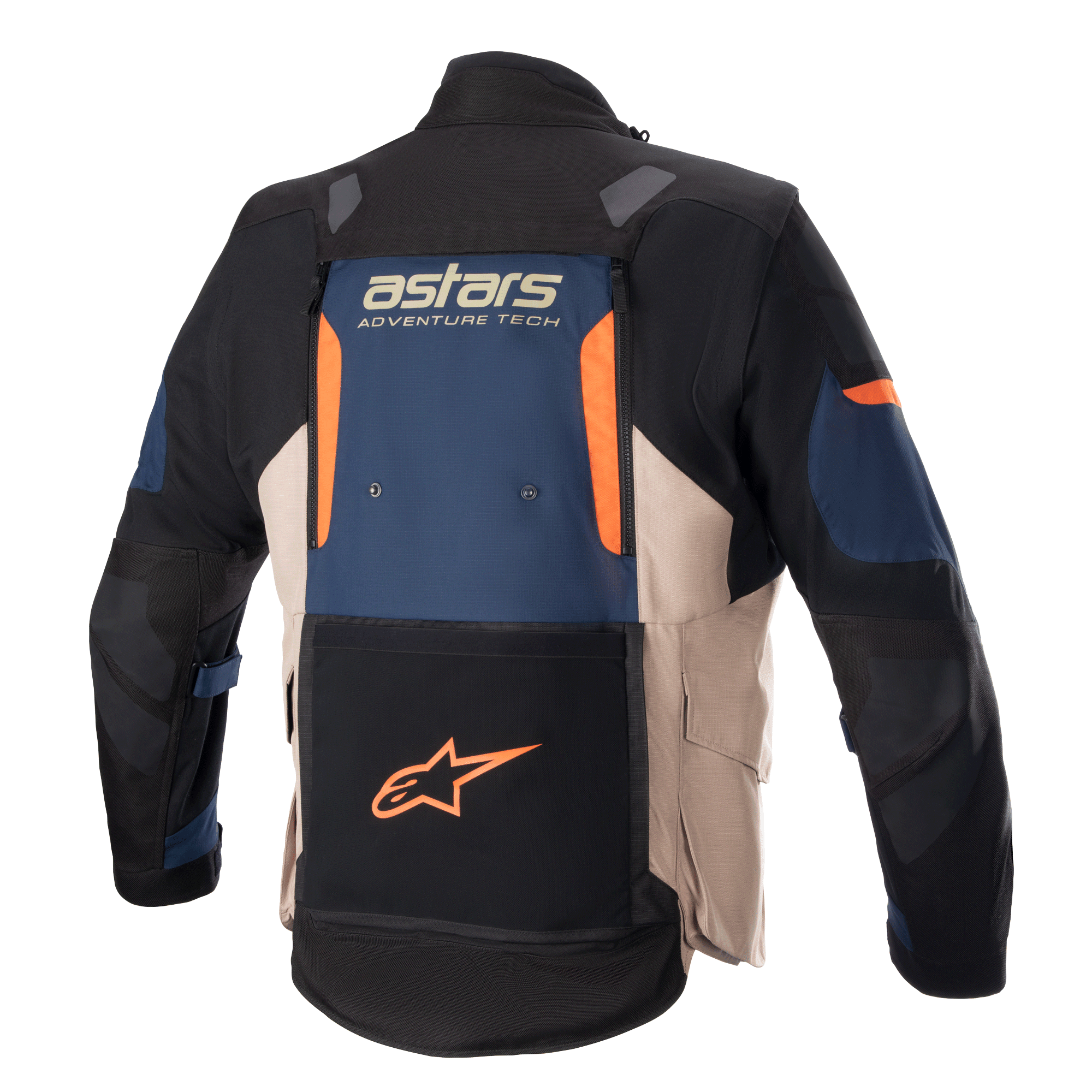 Alpinestars Halo Drystar® jas, adventure touring motorjas, achterkant, donkerblauw, donker kaki en oranje, groot ventilatiepaneel op de rug, 'astars ADVENTURE TECH' logo en zak op de onderrug met oranje ster-logo.