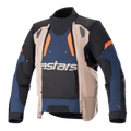 Alpinestars Halo Drystar® Jacket, adventure motorjas voor touring, donkerblauw, donkerkhaki en vlamoranje, voorzien van een asymmetrische voorzijde met een breed ventilatiepaneel, opvallende 'astars'-branding op de borst, hoge kraag en een robuuste textielconstructie voor bescherming in alle weersomstandigheden.