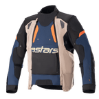 Alpinestars Halo Drystar® Jacket, adventure motorjas voor touring, donkerblauw, donkerkhaki en vlamoranje, voorzien van een asymmetrische voorzijde met een breed ventilatiepaneel, opvallende 'astars'-branding op de borst, hoge kraag en een robuuste textielconstructie voor bescherming in alle weersomstandigheden.